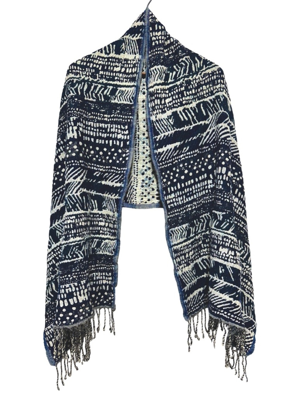 WILFRED Wool Blend Scarf Indigo Abstract Graphic Fringe Boho Artisanal Wrap